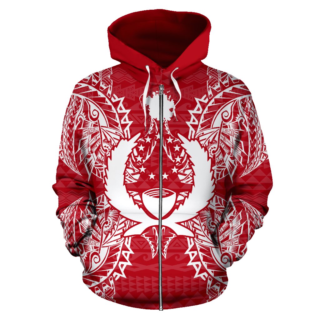 Pohnpei Polynesian All Over Zip up Hoodie Map Red White - Polynesian Pride