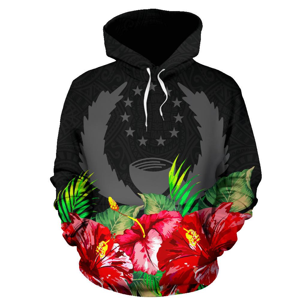 Pohnpei Polynesian Hoodie Black Hibiscus - Polynesian Pride