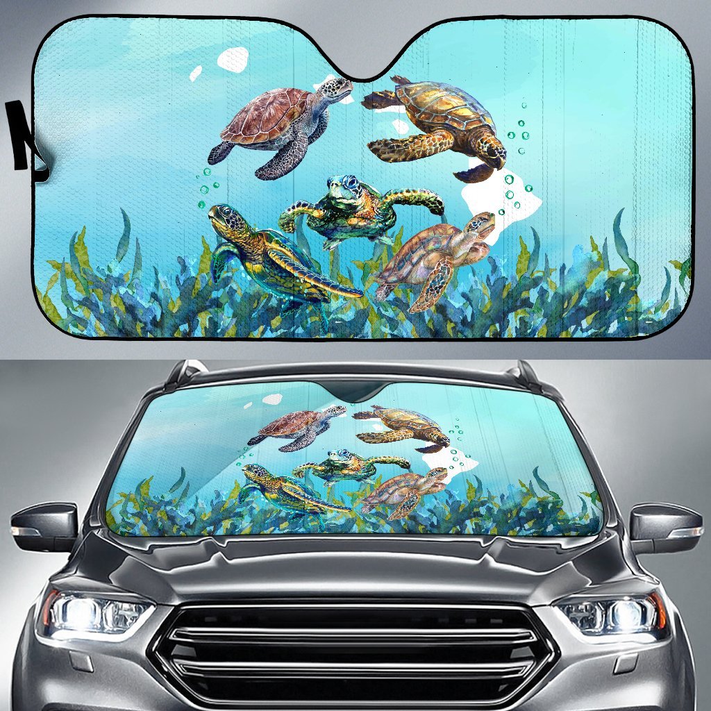 Hawaii Map Sea Turtles World Car Sun Shade Auto Sun Shade Universal Fit Blue - Polynesian Pride