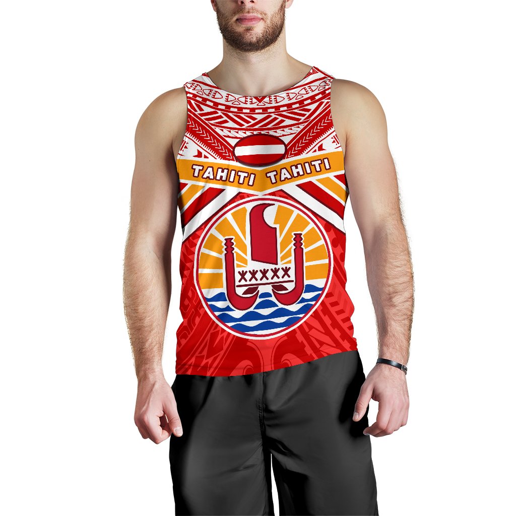 Tahiti Rugby Men Tank Top Polynesian Coat Of Arms and Flag Red - Polynesian Pride