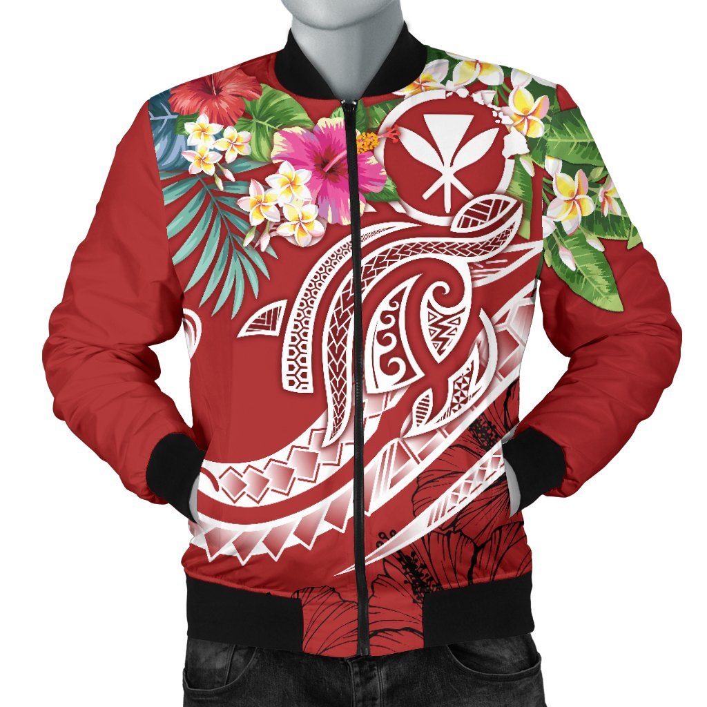 Polynesian Hawaii Kanaka Maoli Men's Bomber Jacket - Summer Plumeria (Red) Red - Polynesian Pride