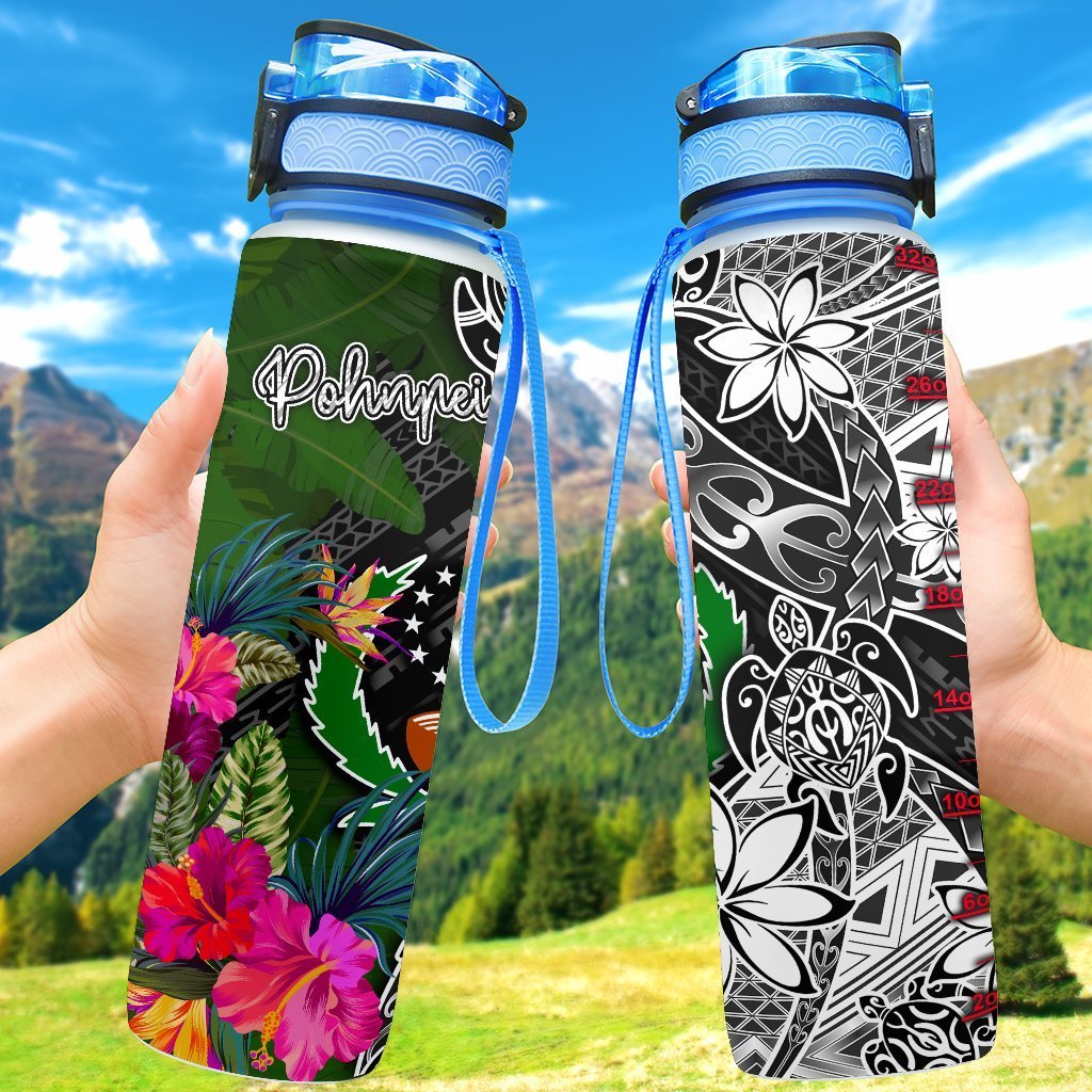 Pohnpei Hydro Tracking Bottle - Turtle Plumeria Banana Leaf Hydro Tracking Bottle 32oz Large Black - Polynesian Pride