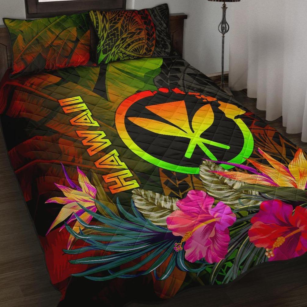 Polynesian Hawaii Kanaka Maoli Polynesian Quilt Bed Set - Hibiscus and Banana Leaves Art - Polynesian Pride