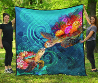 Hawaii Polynesian Premium Quilt - Sea Turtle Coral Treasure Blue - Polynesian Pride