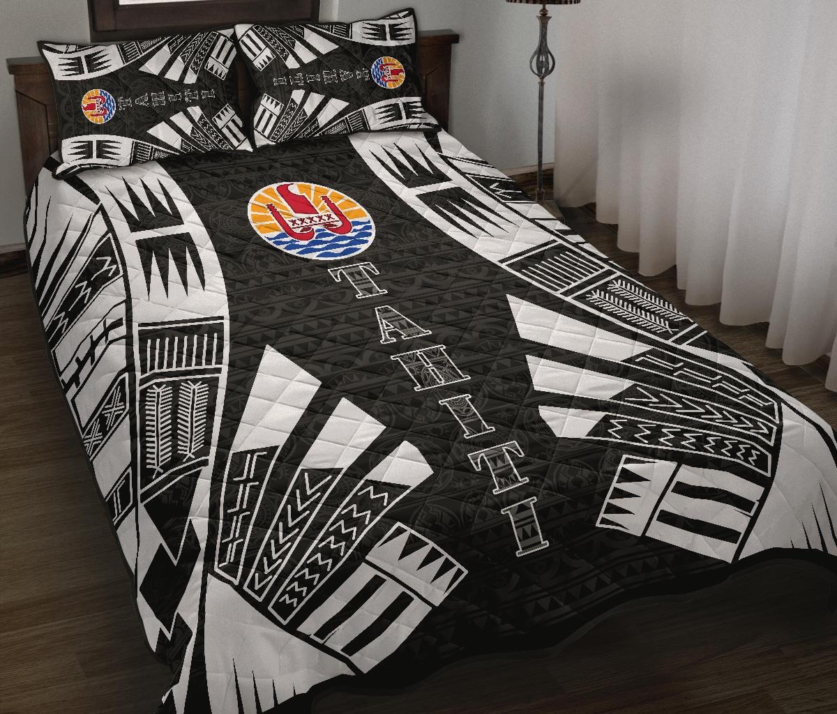Tahiti Polynesian Quilt Bed Set - Tahiti Flag Black Tattoo Flag - Polynesian Pride