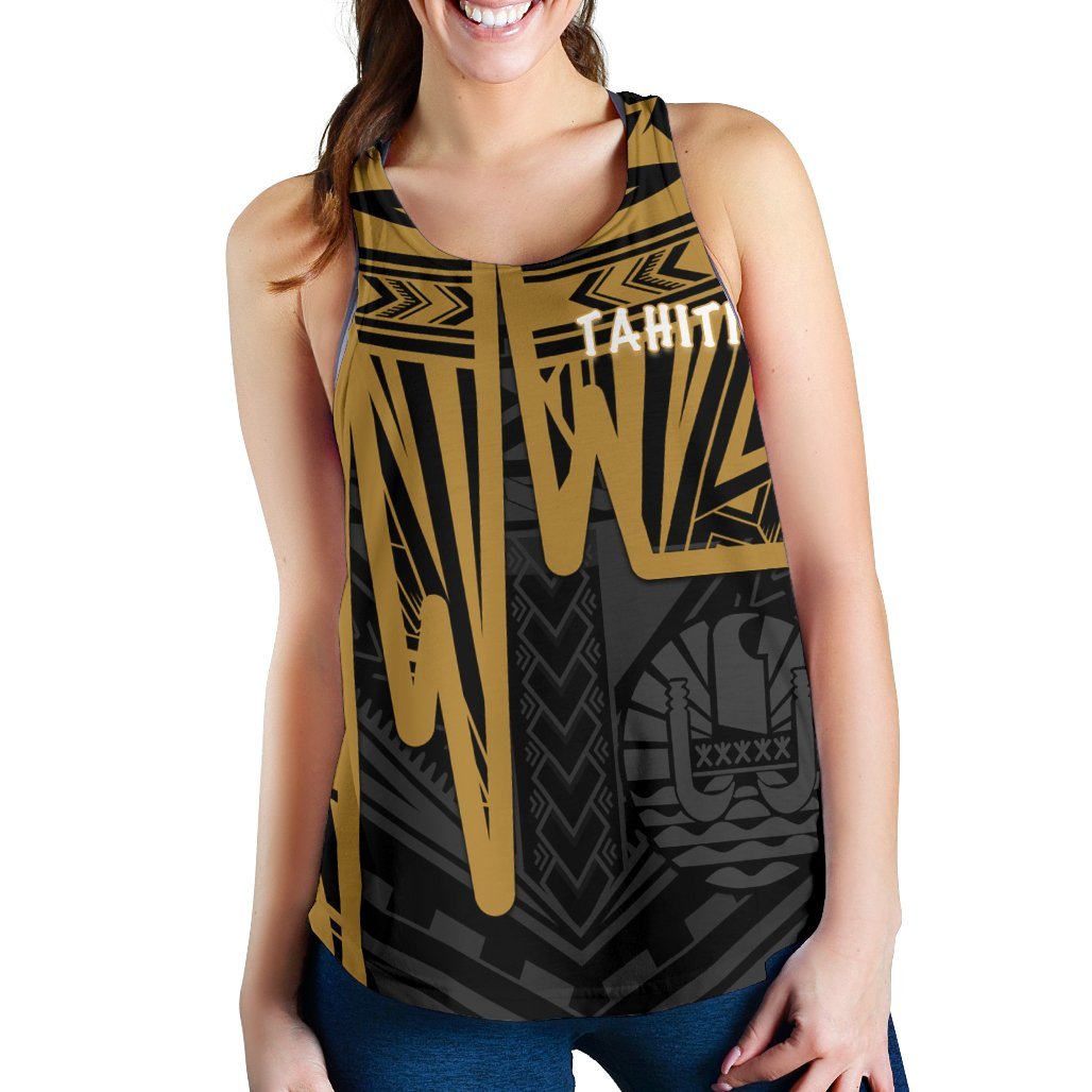 Tahiti Women's Racerback Tank - Tahiti Seal In Heartbeat Patterns Style (Gold) - Polynesian Pride