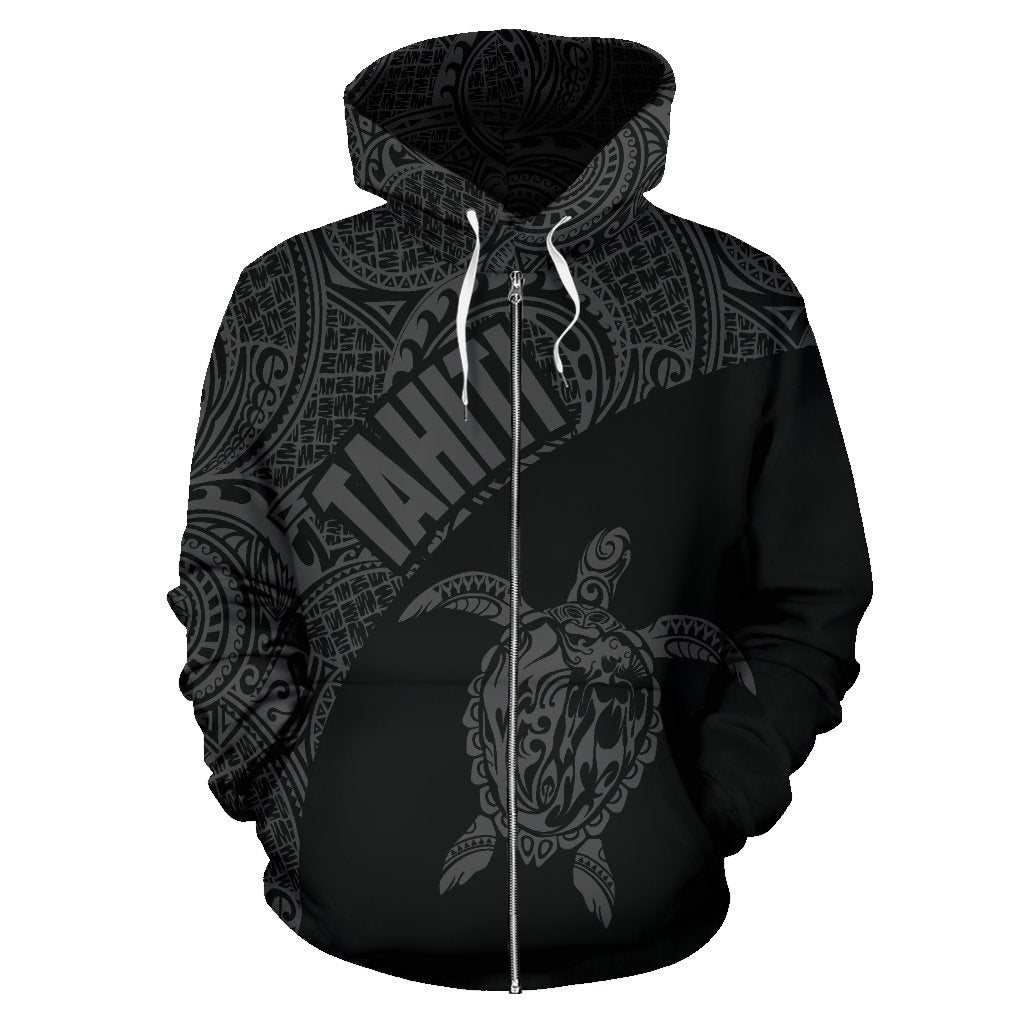 Tahiti Zip up Hoodie Tahiti Turtle Mermaid Polynesian Tattoo Black Version - Polynesian Pride
