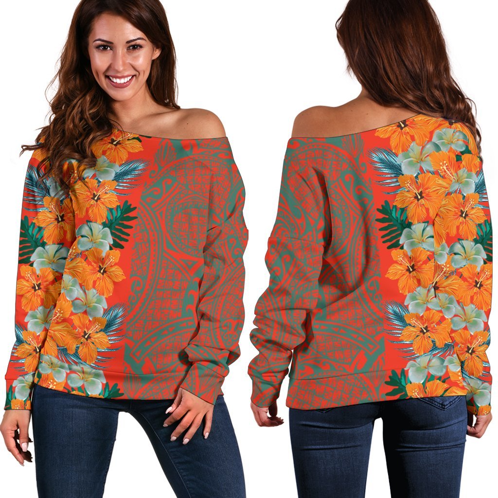 Tropical Polynesian - Hawaiian Women's Off Shoulder Sweater - Haka Style Orange - Polynesian Pride