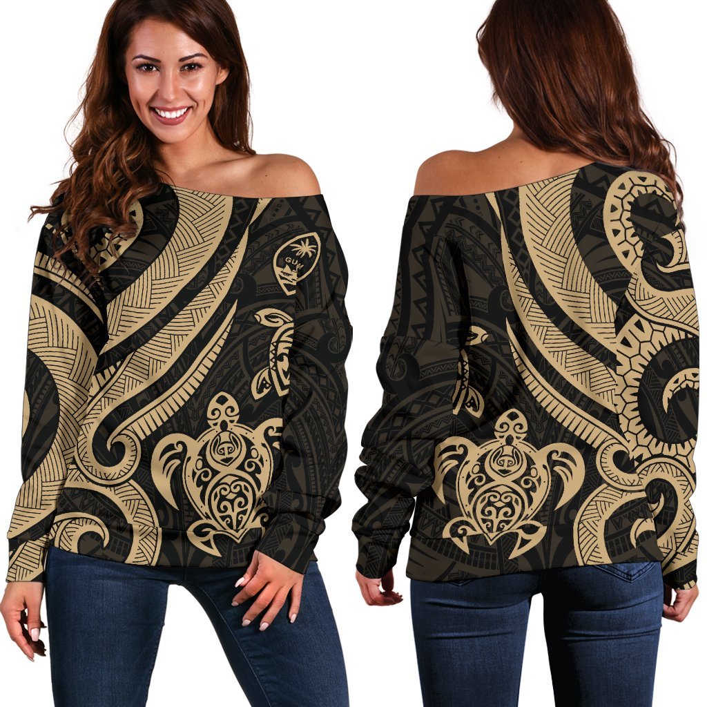 Guam Polynesian Women Of Shoulder Sweater - Gold Tentacle Turtle Gold - Polynesian Pride
