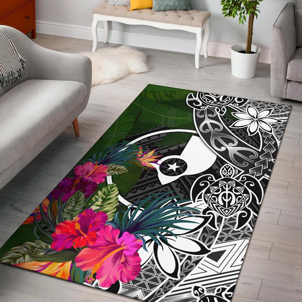 Yap Area Rug - Turtle Plumeria Banana Leaf Black - Polynesian Pride