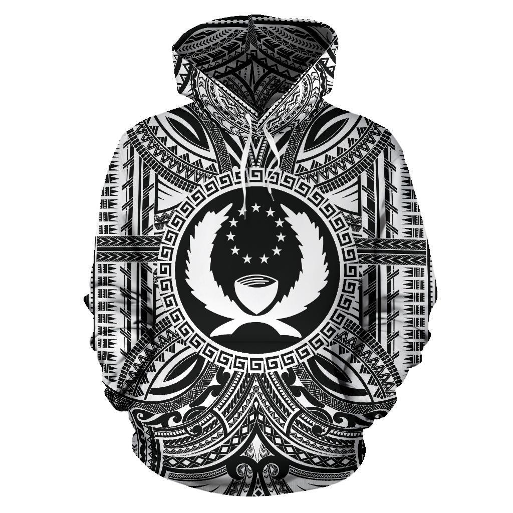 Pohnpei ll Over Hoodie Pohnpei Coat of rms Polynesian White Black Unisex Black - Polynesian Pride