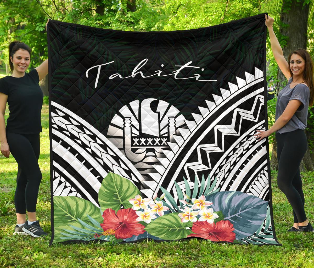 Tahiti Premium Quilt - Tahiti Coat of Arms & Polynesian Tropical Flowers White - Polynesian Pride