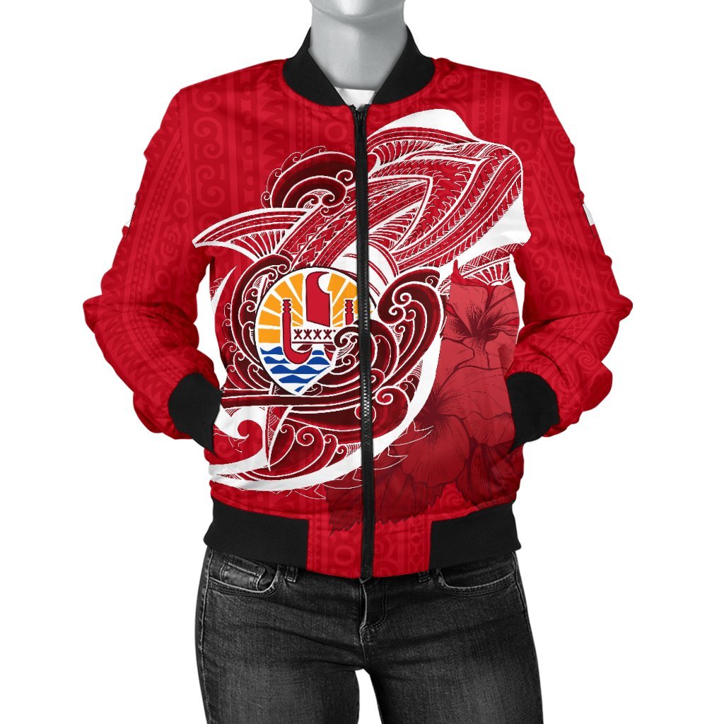 Tahiti Women's Bomber Jacket Shark Coat Of Arms Red - Polynesian Pride