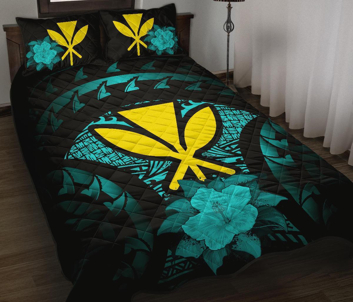 Kanaka Maoli (Hawaii) Polynesian Quilt Bed Set Hibiscus Turquoise Black - Polynesian Pride