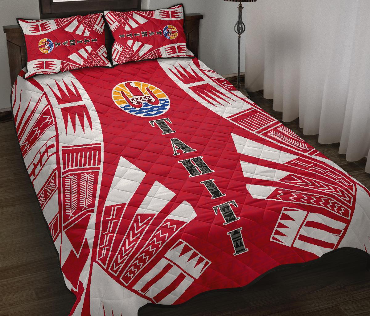 Tahiti Polynesian Quilt Bed Set - Tahiti Flag Red Tattoo - Polynesian Pride