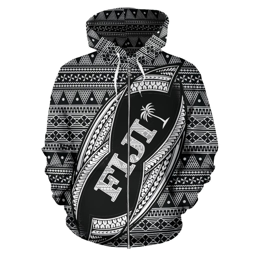 Fiji Polynesian Zip up Hoodie Tapa Pattern Rugby Ball - Polynesian Pride