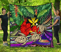 Kanaka Maoli (Hawaiian) Premium Quilt - Polynesian Turtle Colorful And Hibiscus Art - Polynesian Pride
