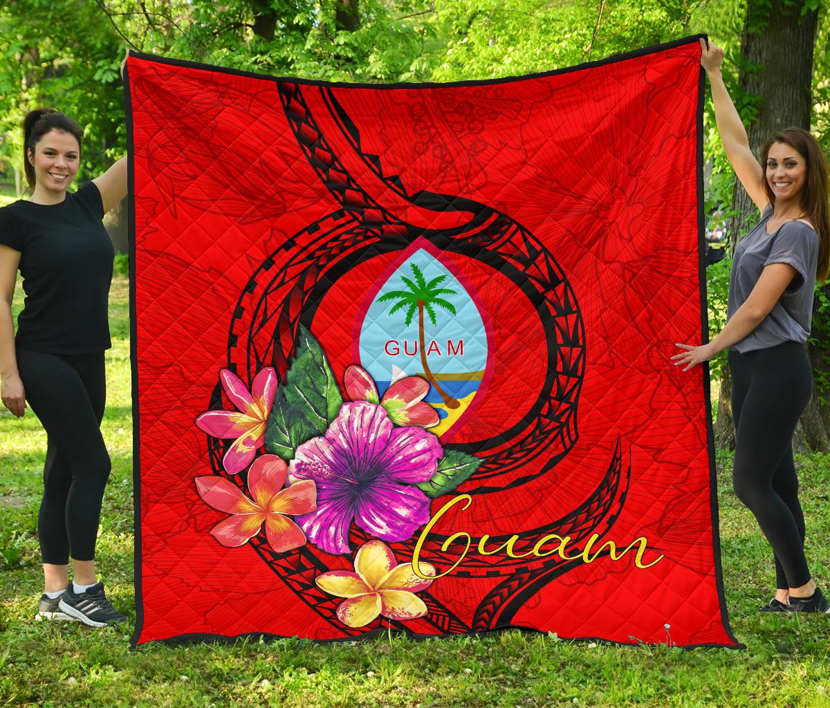 Guam Polynesian Premium Quilt - Floral With Seal Red Red - Polynesian Pride