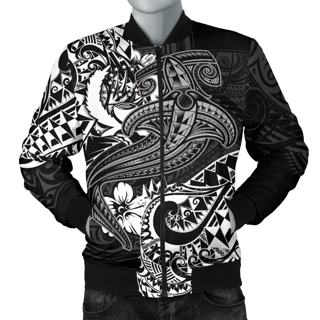 Pohnpei Men's Bomber Jacket - White Shark Polynesian Tattoo White - Polynesian Pride