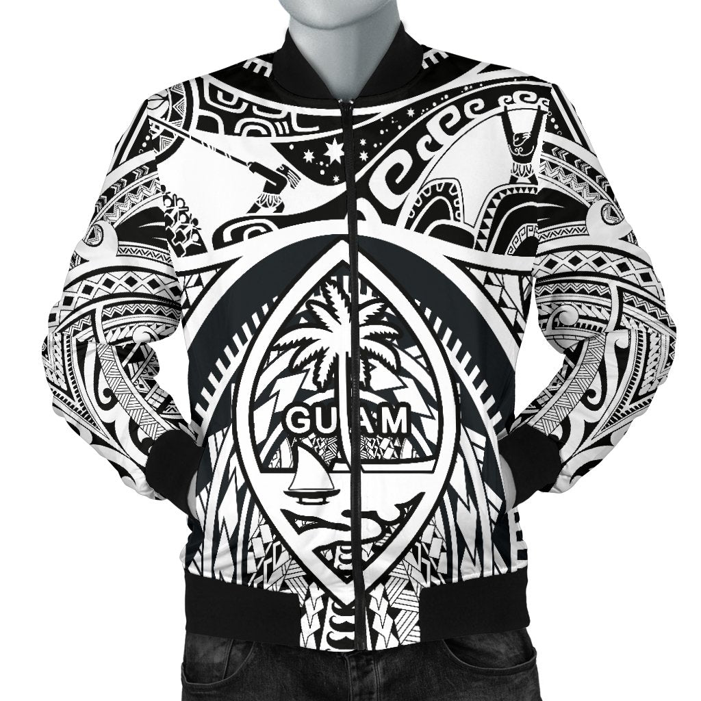 Polynesian Men's Bomber Jackets - Guam Flag, Seal with Maui Moana Tattoo White - Polynesian Pride