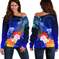 Custom Personalised Chuuk Women's Off Shoulder Sweater - Humpback Whale with Tropical Flowers (Blue) - Polynesian Pride