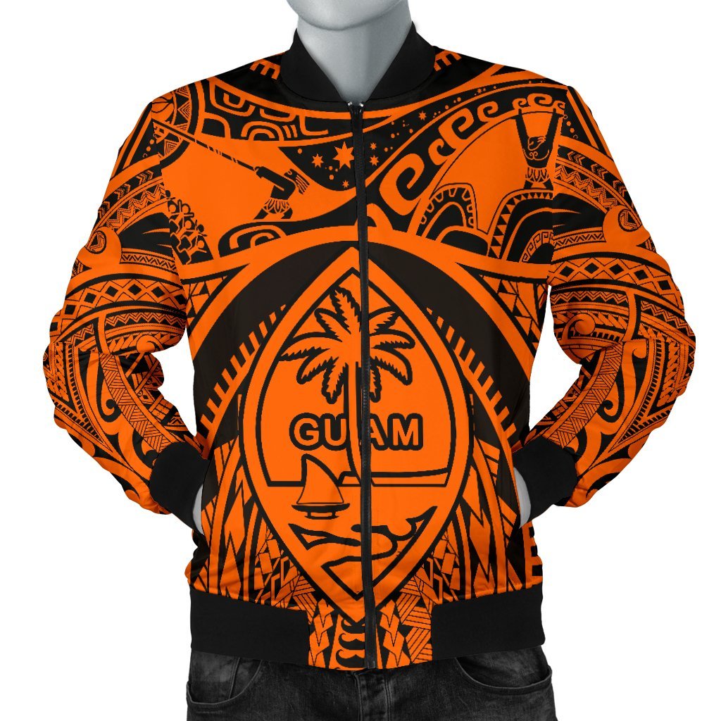 Polynesian Men's Bomber Jackets - Guam Flag, Seal with Maui Moana Tattoo Orange - Polynesian Pride