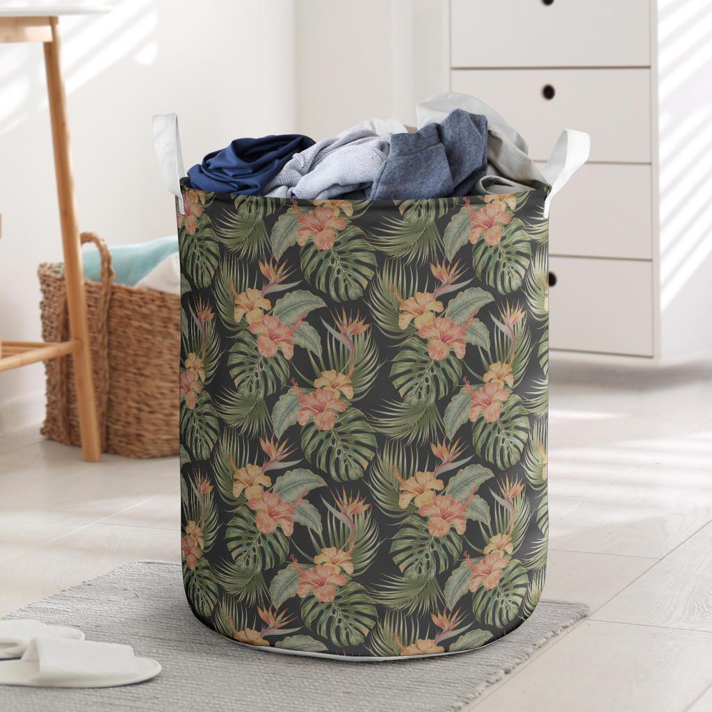 Tropical Hibiscus Monstera Leaf Hawaii Laundry Basket Laundry Basket One Size Black - Polynesian Pride