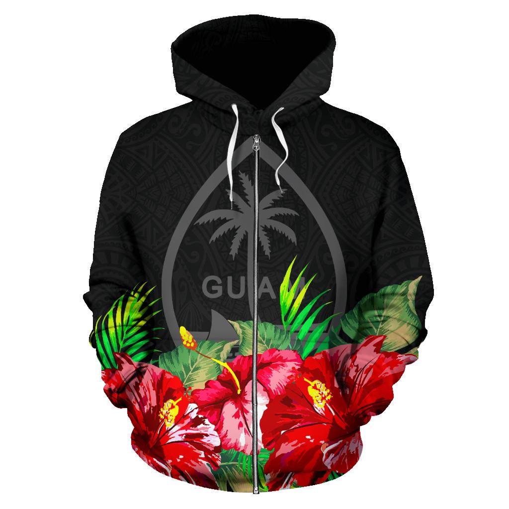 Guam Polynesian Zip Hoodie Black Hibiscus - Polynesian Pride
