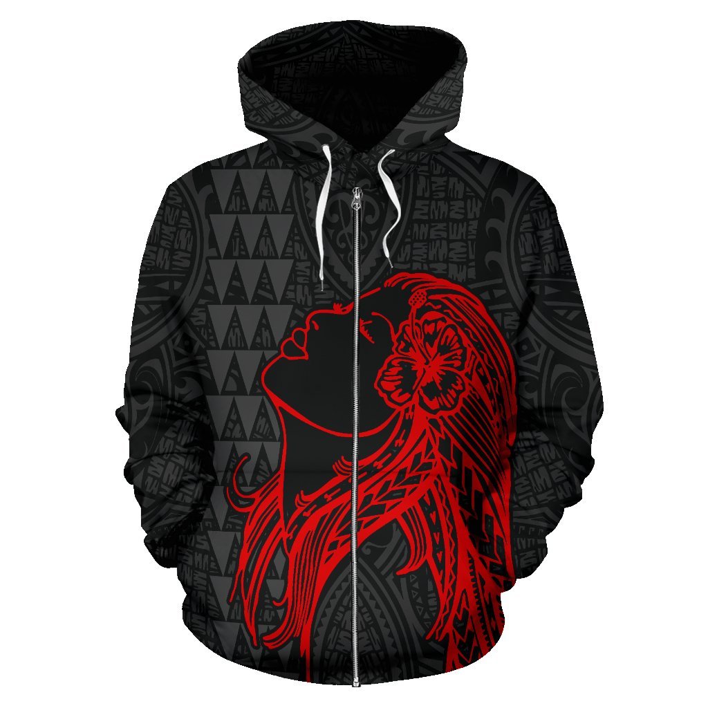 Polynesian Kakau Hula Girl Turtle Hibiscus Hawaii Zip Hoodie Red - Polynesian Pride