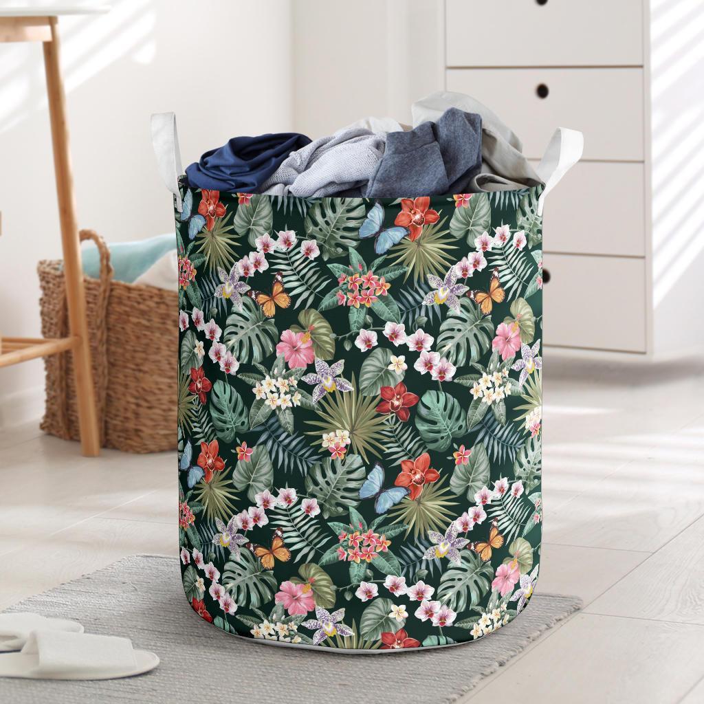 Tropical Plumeria Pattern With Palm Leaves Hawaii Laundry Basket AH Laundry Basket - 1 One Size White - Polynesian Pride