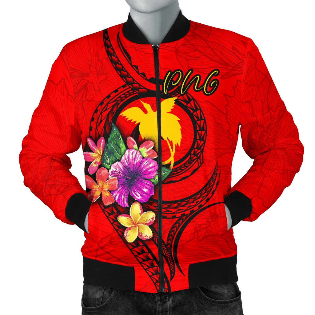 Papua New Guinea Polynesian Men's Bomber Jacket - Floral With Seal Red Red - Polynesian Pride