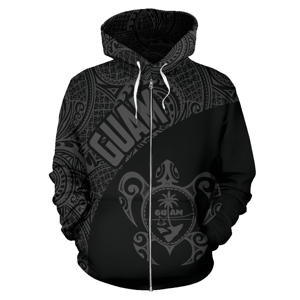 Guam Zip up Hoodie Guam Coat of Arm In Turtle Polynesian Tattoo Gray - Polynesian Pride