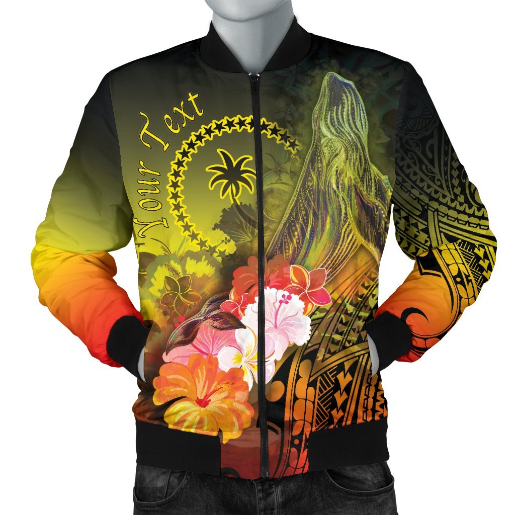 Custom Personalised Chuuk Men's Bomber Jacket - Humpback Whale with Tropical Flowers (Yellow) Yellow - Polynesian Pride