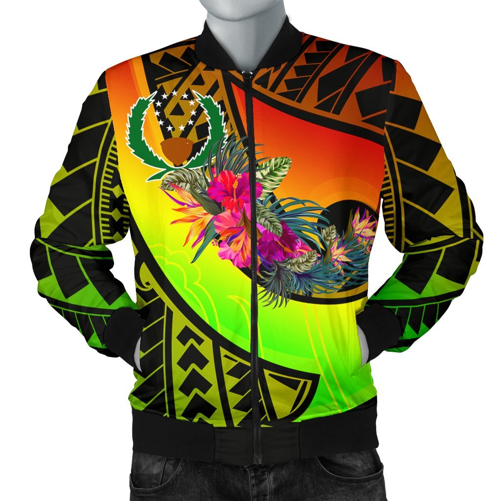 Pohnpei Men's BomBer Jacket - Polynesian Hook And Hibiscus (Raggae) Art - Polynesian Pride