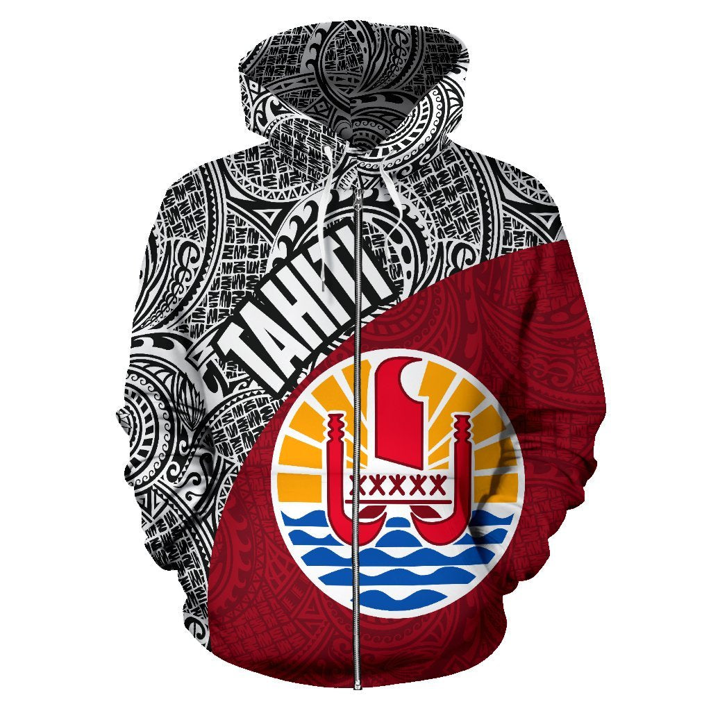 Tahiti Zip up Hoodie Tahiti Flag Polynesia Tattoo Red - Polynesian Pride