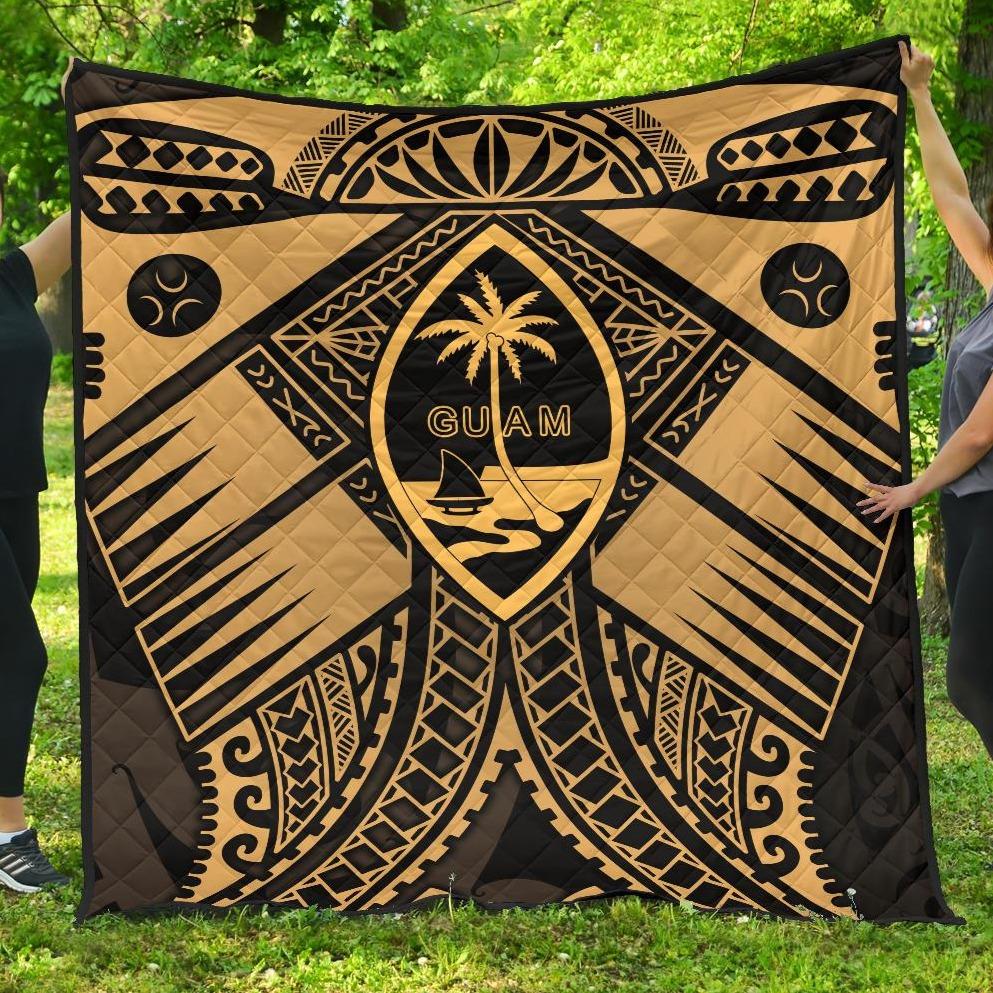Guam Polynesian Premium Quilt - Guam Gold Seal with Polynesian Tattoo Gold - Polynesian Pride