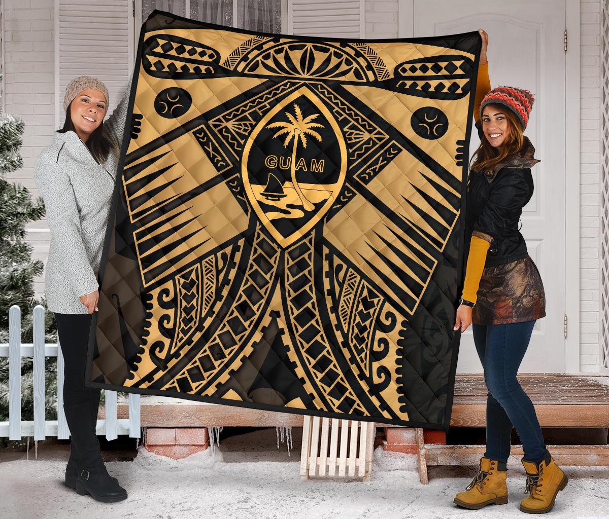 Guam Polynesian Premium Quilt - Guam Gold Seal with Polynesian Tattoo - Polynesian Pride