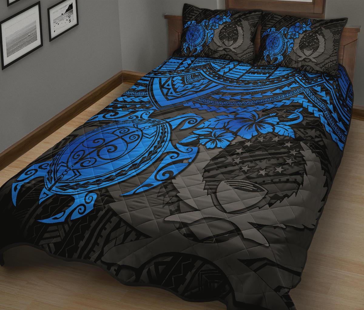 Pohnpei Polynesian Quilt Bed Set - Pohnpei Flag & Blue Turtle Hibiscus - Polynesian Pride