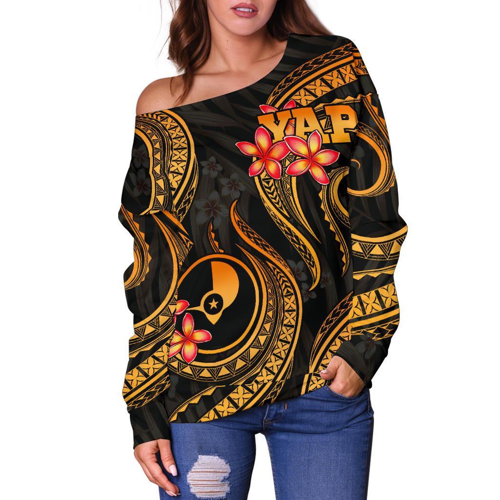 Yap Micronesian Women Off Shoulder Sweater - Gold Plumeria - Polynesian Pride