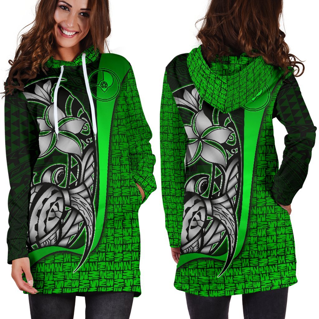Yap Micronesian Women's Hoodie Dress Green - Turtle With Hook - Polynesian Pride