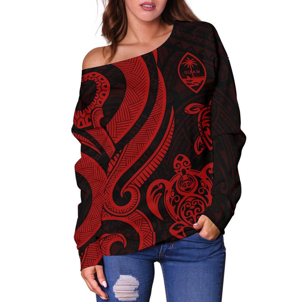 Guam Polynesian Women Of Shoulder Sweater - Red Tentacle Turtle - Polynesian Pride