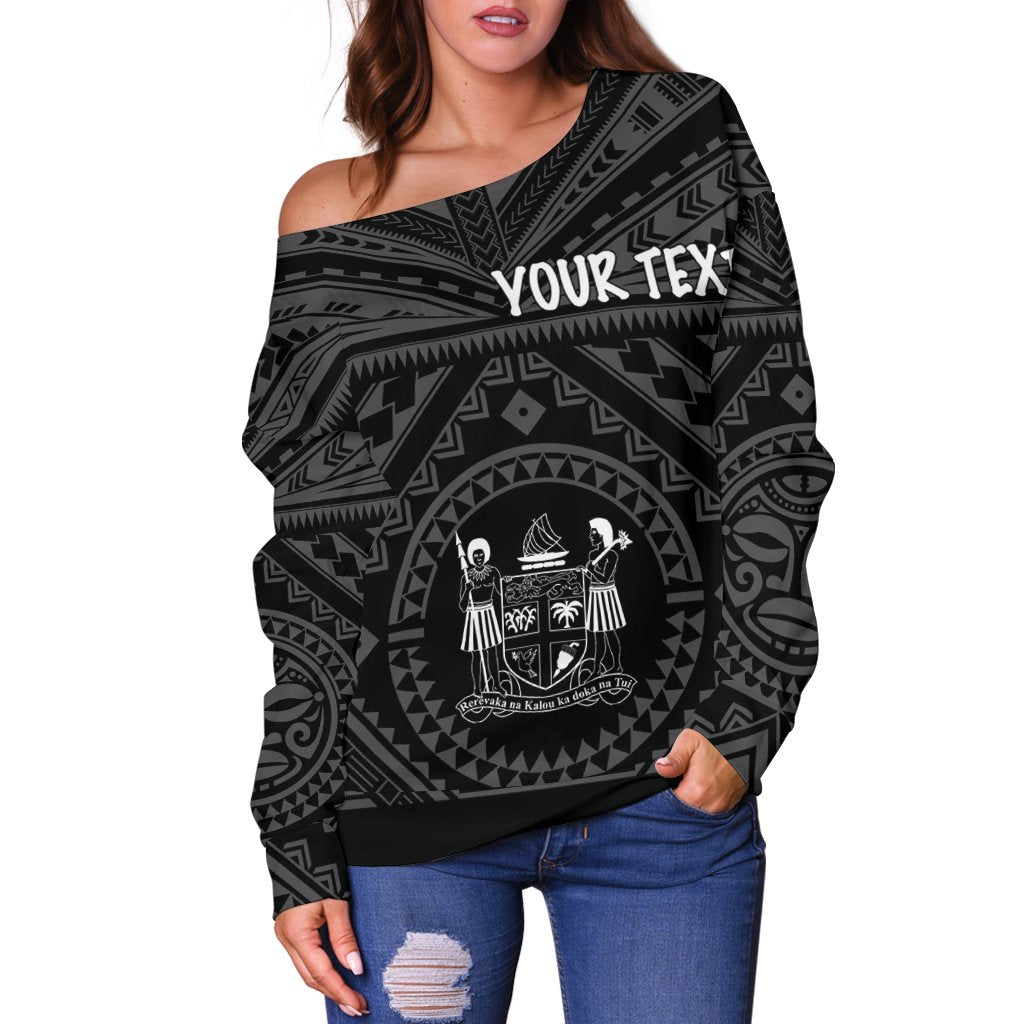 Fiji Personalised Women's Off Shoulfer s - Fiji Seal With Polynesian Tattoo Style ( Black) - Polynesian Pride