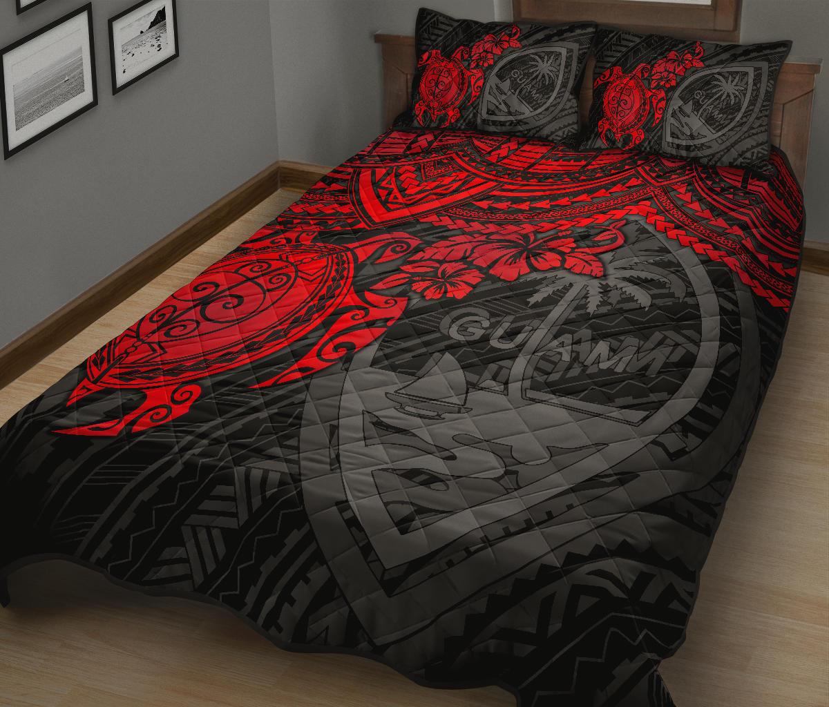 Guam Polynesian Quilt Bed Set - Guam Coat Of Arms & Red Turtle Hibiscus - Polynesian Pride