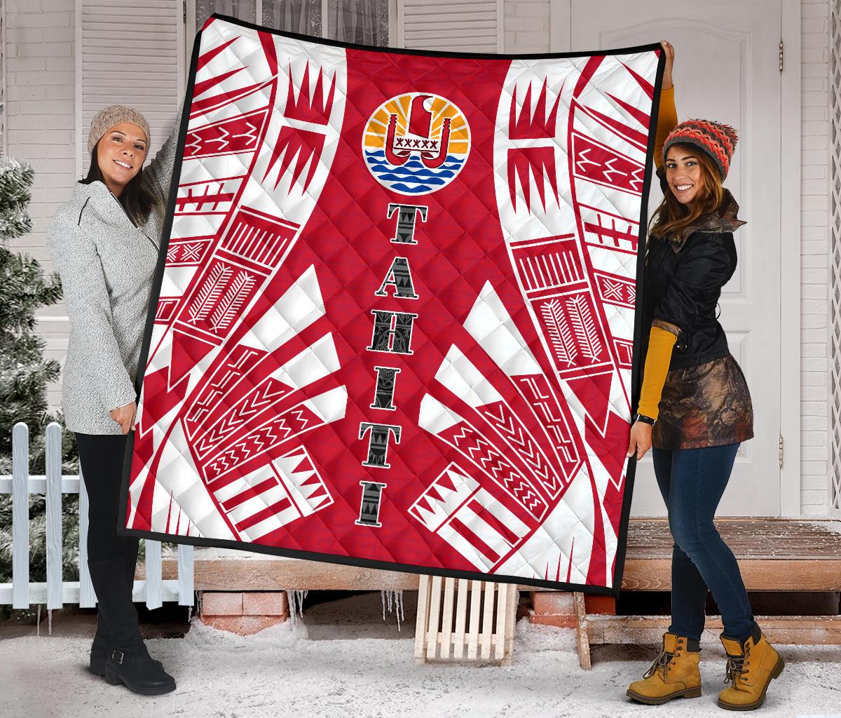 Tahiti Premium Quilt - Tahiti Flag Polynesian White Tattoo (Red) - Polynesian Pride