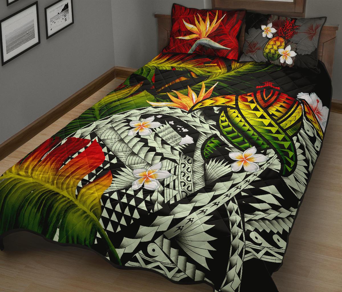 Kanaka Maoli (Hawaiian) Quilt Bed Set, Polynesian Pineapple Banana Leaves Turtle Tattoo Reggae - Polynesian Pride
