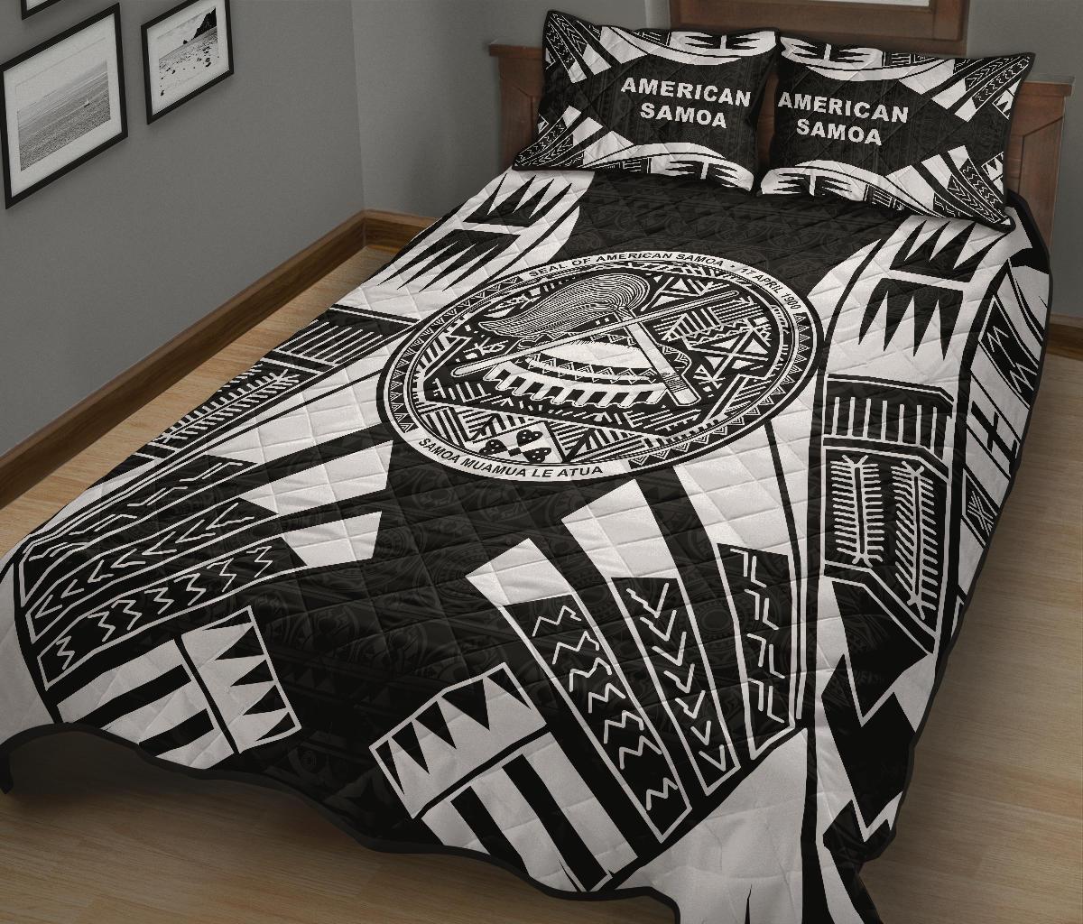 American Samoa Quilt Bed Set - American Samoa Seal Polynesian White Tattoo - Polynesian Pride