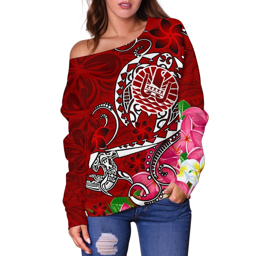 Tahiti Women's Off Shoulder Sweater - Turtle Plumeria (Red) - Polynesian Pride