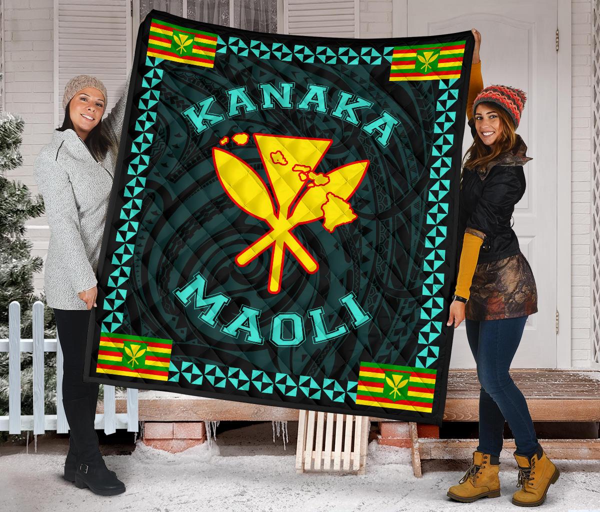 Kanaka Maoli Flag Polynesian Premium Quilt Turquoise - Love Style Turquoise - Polynesian Pride