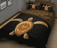 Tahiti Polynesian Quilt Bed Set - Tahiti Flag Turtle Gold Curve Style - Polynesian Pride