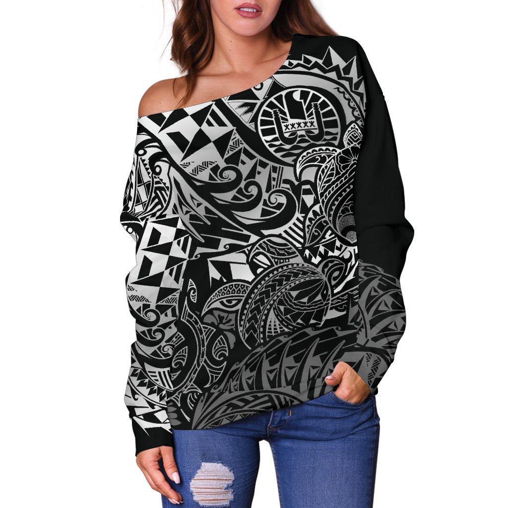Tahiti Polynesian Women Off Shoulder Sweater - White Turtle Hibiscus Flowing - Polynesian Pride